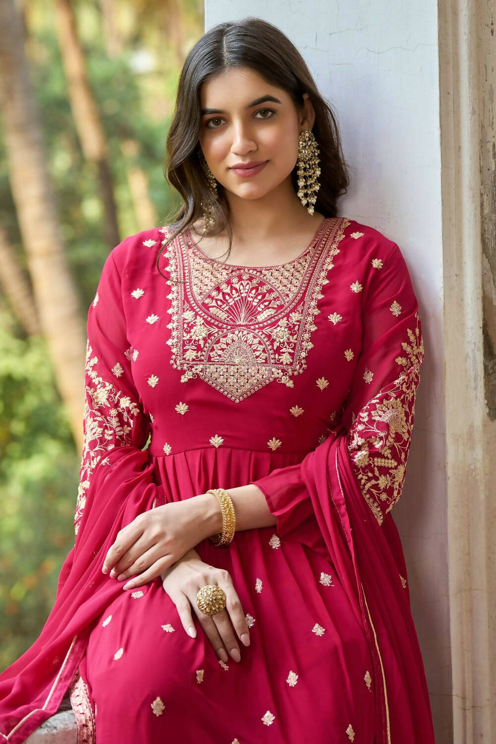Pink Heavy Faux Georgette Anarkali Embroidered Kurta Set - Dhvani