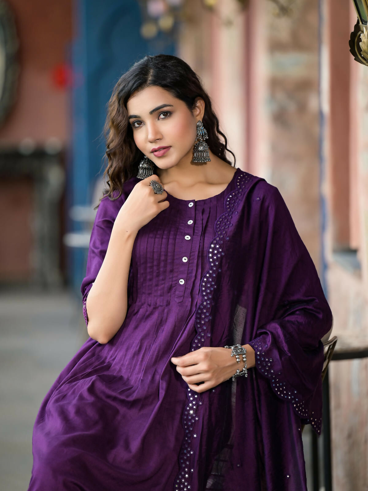 Juniper Women's Plum Thread Embroidered Liva Rayon Kurta Set With Buttons & Mirror Work