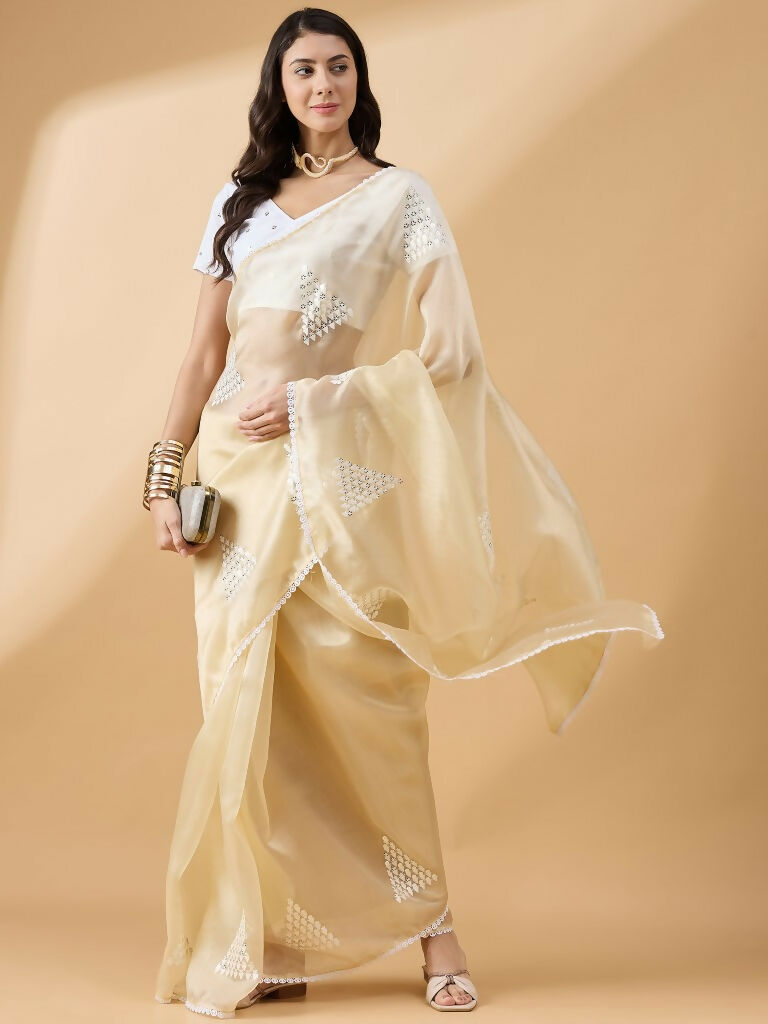 Yellow Tissue Slub Embroidered Saree with Unstitched Blouse - Vairagi