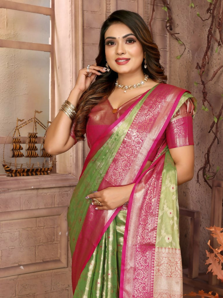 Anaita Light Green Tissue Silk With Zari Weaving Saree With Blouse