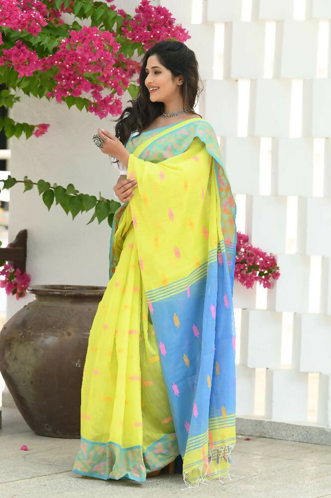 Beatitude Yellow Slub Cotton Floral Jamdani Saree