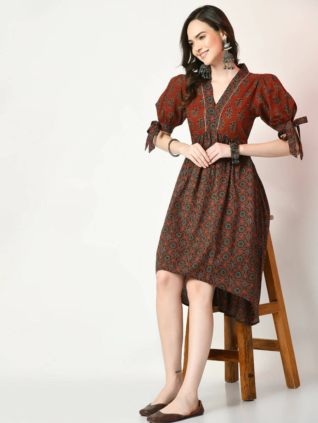 Myshka Women's Rust Empire Printed Dress