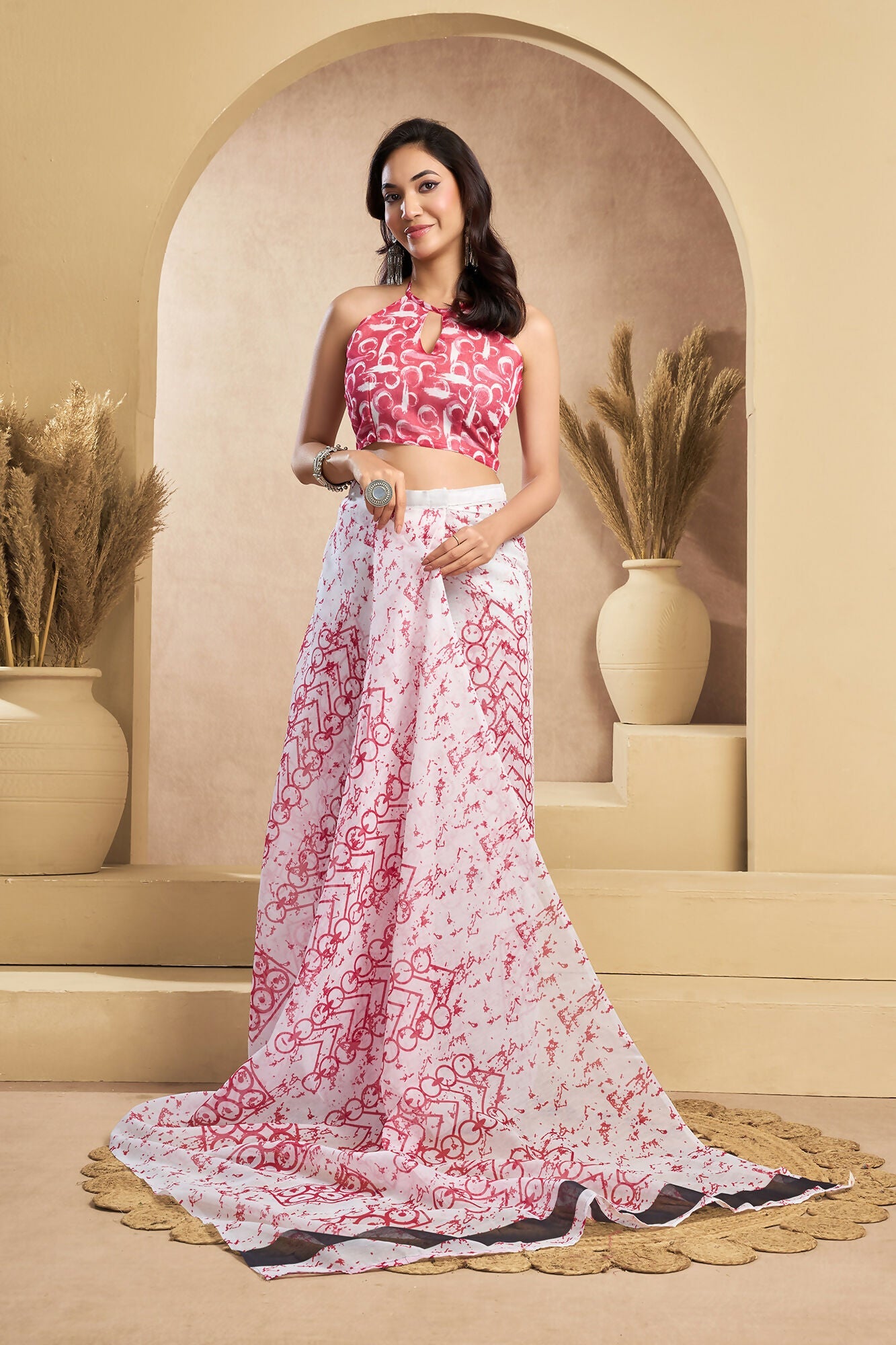 Vastranavya White Red Digital Printed Linen Ready To Wear Designer Saree with Unstitched Blouse