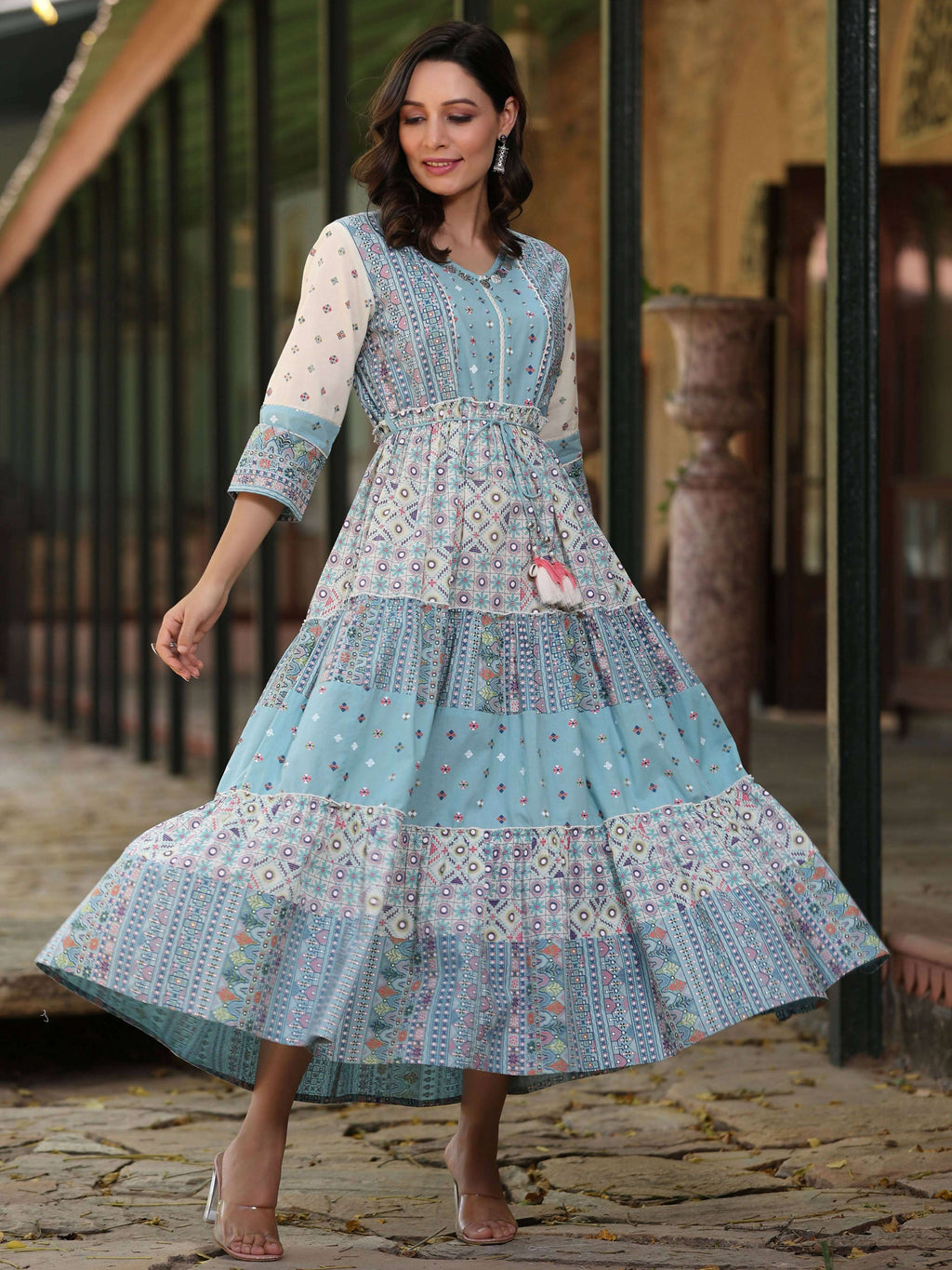 Juniper Women's Blue Cotton Cambric Geometric Printed Tiered Maxi Dress