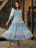 Juniper Women's Blue Cotton Cambric Geometric Printed Tiered Maxi Dress
