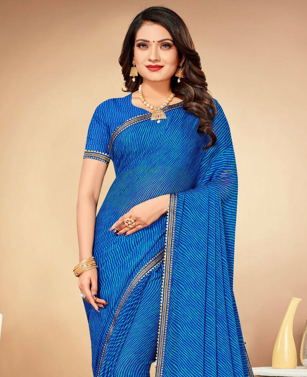 Blue Chiffon Leheriya Printed Saree With Unstitched Blouse Piece - Swarna