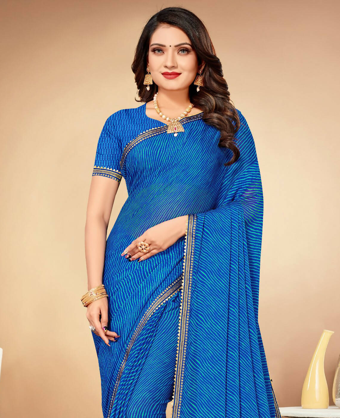 Blue Chiffon Leheriya Printed Saree With Unstitched Blouse Piece - Swarna