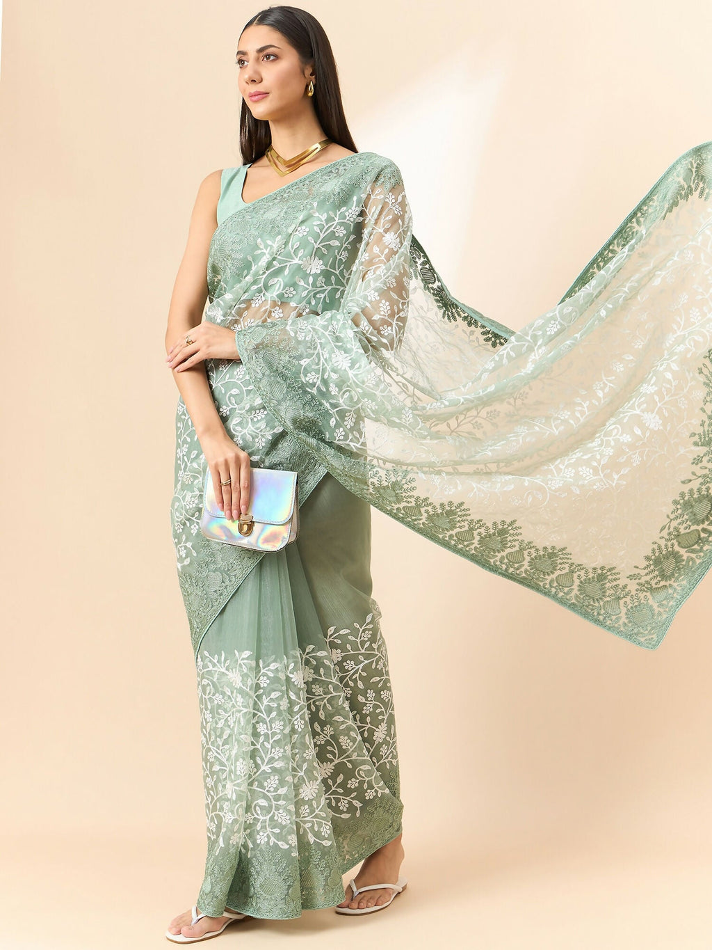 Green Organza Floral Embroidered Saree with Unstitched Blouse Piece - Roozal
