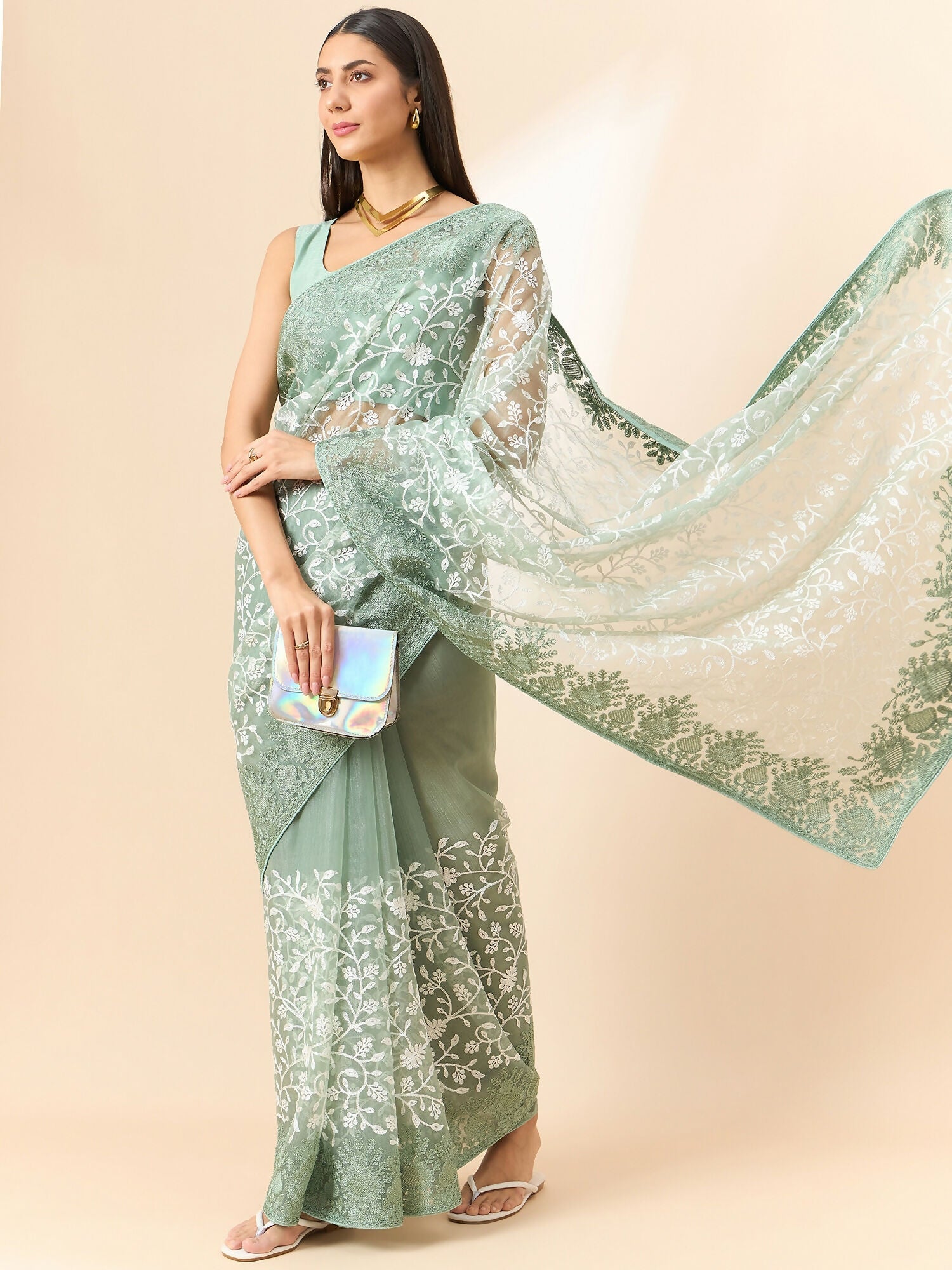 Green Organza Floral Embroidered Saree with Unstitched Blouse Piece - Roozal