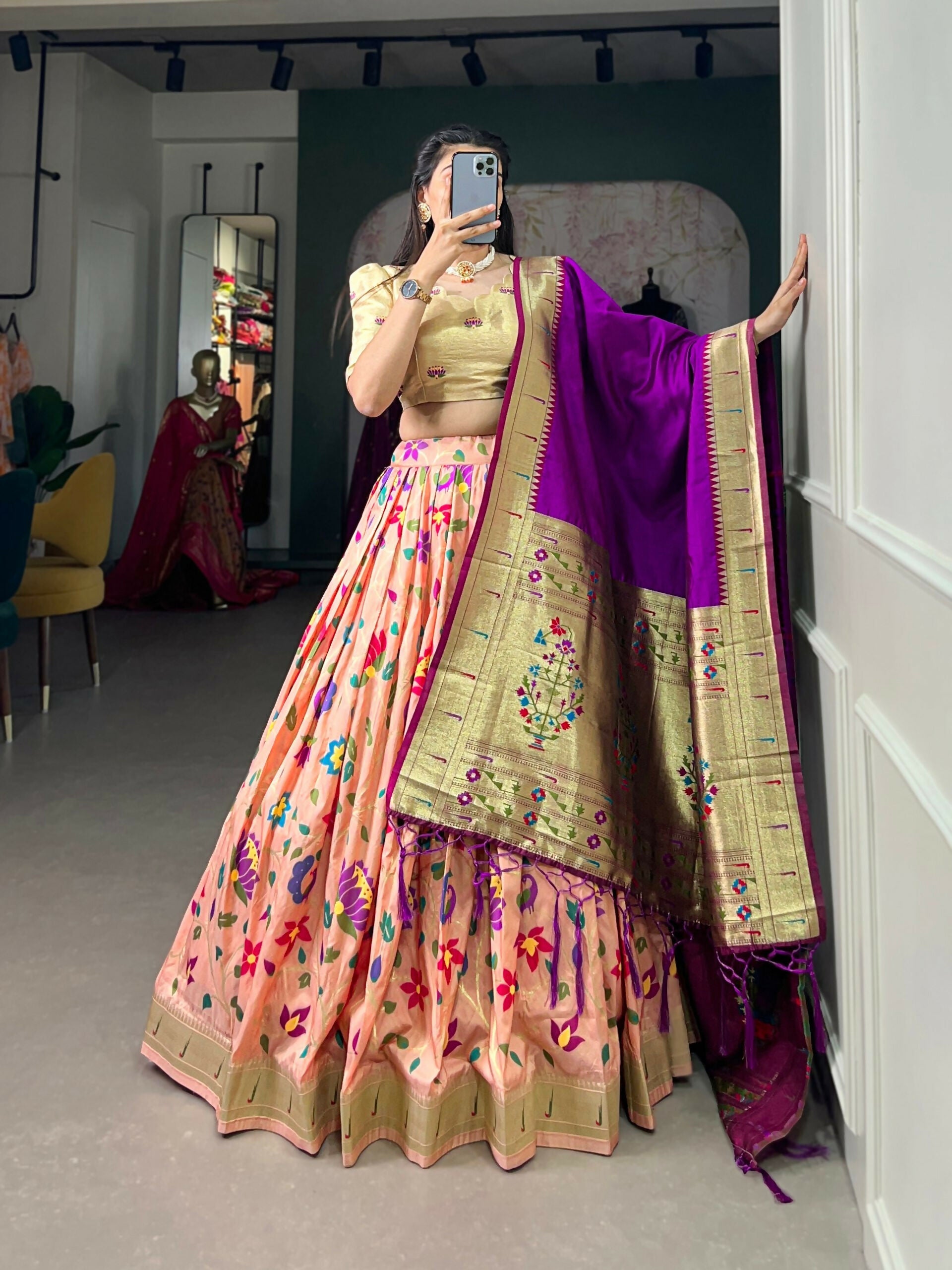 Vastranavya Traditional Jacquard Silk Paithani Lehenga Choli - Peach