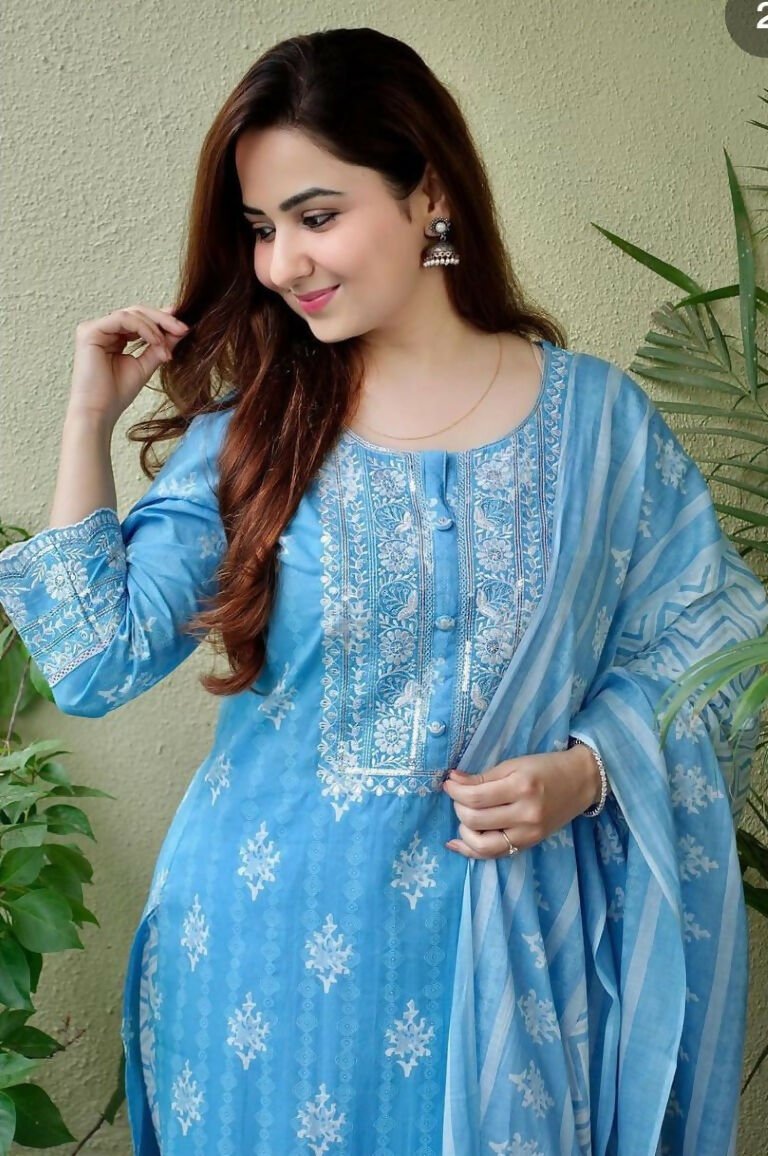 Alvano Women's Printed Straight 3Pcs Kurti with Pant and Dupatta set Cotton (Light Blue)