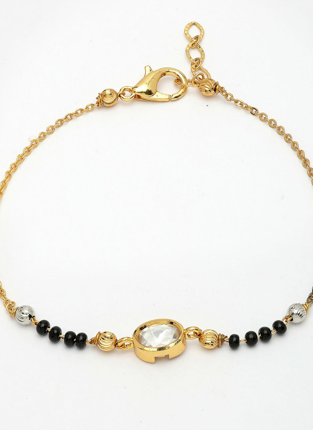 NVR Women Gold-Polished & Black Brass Stone-Studded Hand Mangalsutra Link Bracelet