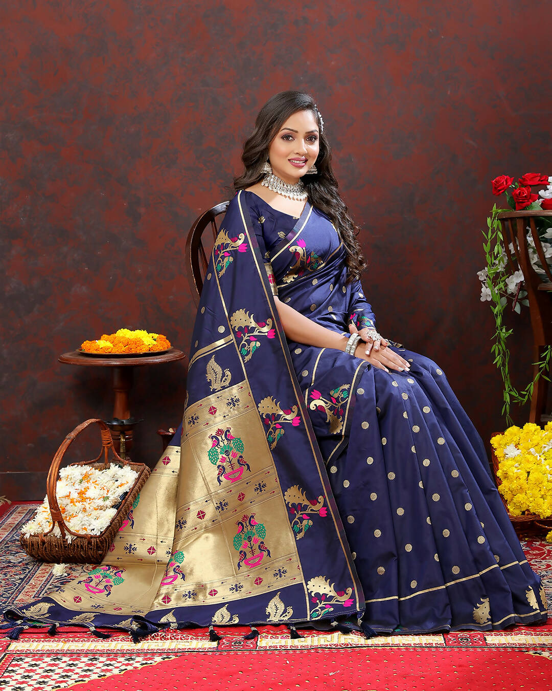 Lorenvalley Fashion Navyblue Soft Paithani Silk Woven Design Gold Zari Meenakari Weaving Saree