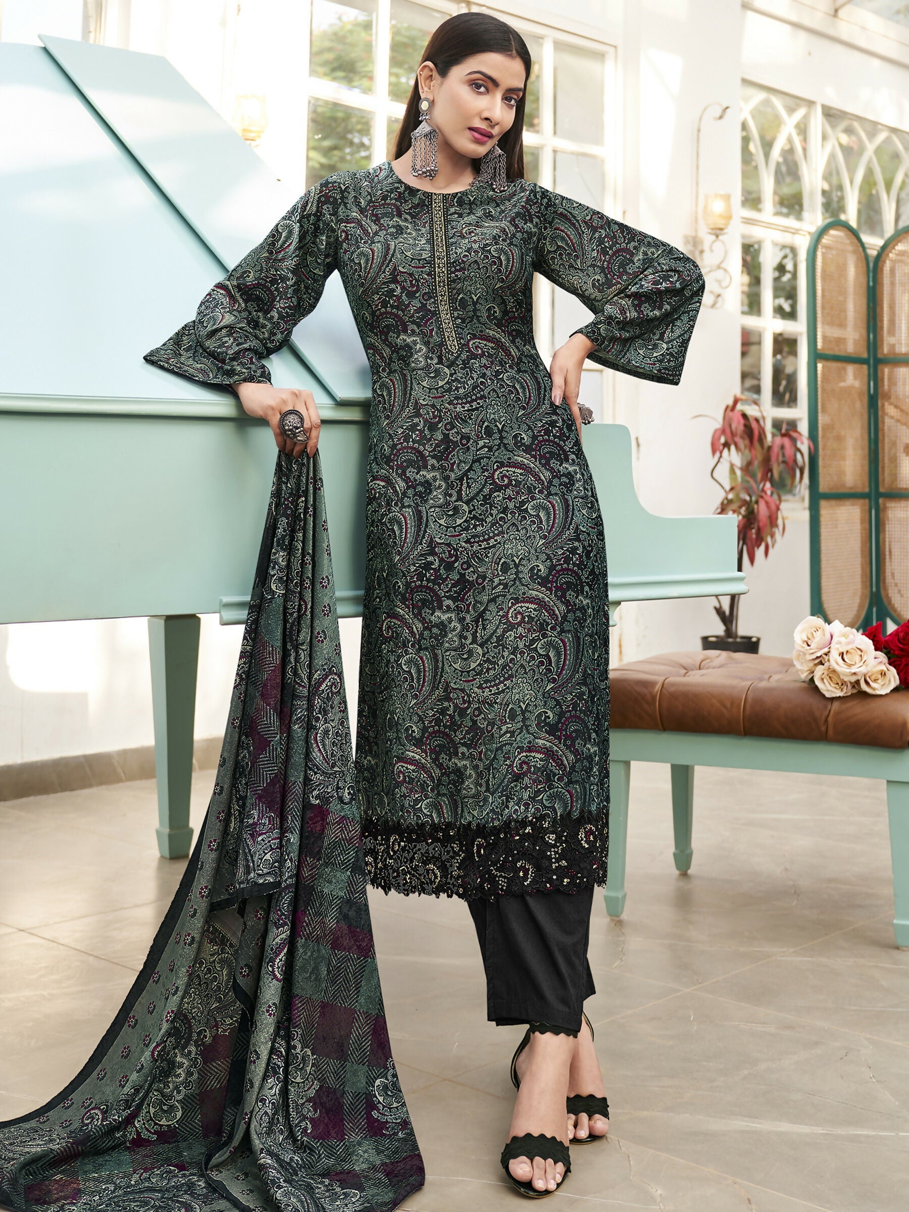 Jyoti Fashion Women's Green Velvet Digital Print with Resham Thread work Kurta with Trouser & Dupatta