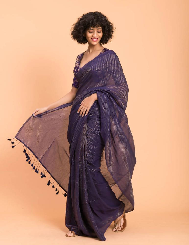 Suta Purple Woven Zari Striped Pure Handloom Cotton Saree