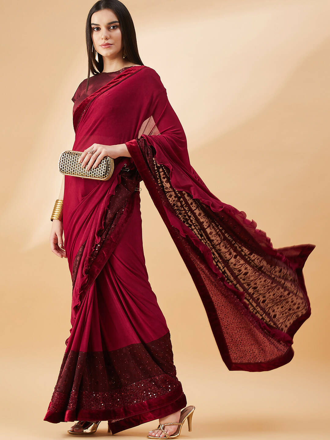 Maroon Lycra Embossed Fancy Velvet, Sequins Embroidery, Frill Details Saree - Norita Hit Design