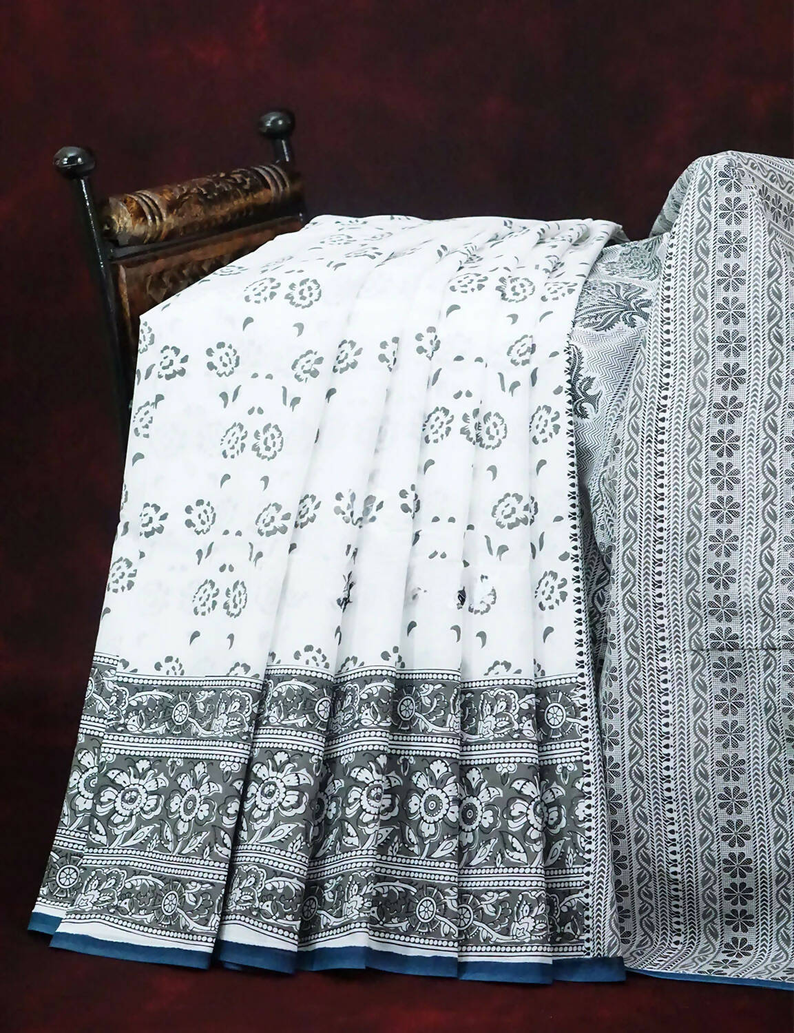 Mix of White and Grey Block Print Mulmul Cotton Saree By Gayathri Reddy Designer Studio