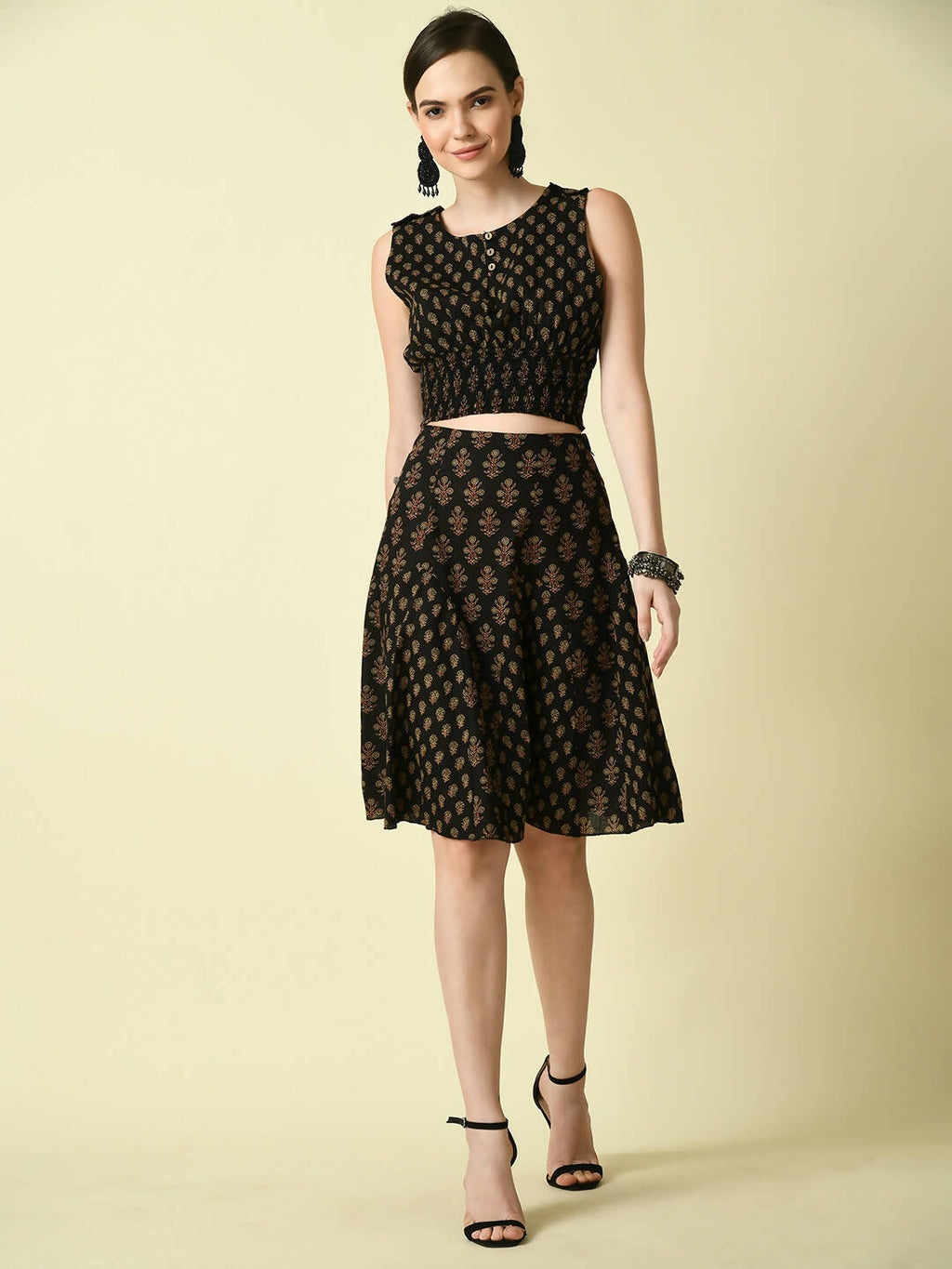 Myshka Women's Black Pure Cotton Printed Flared Skirt
