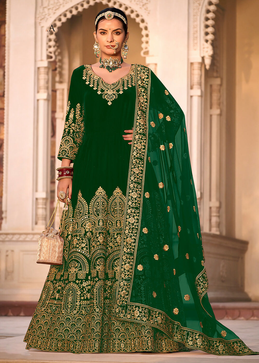 Green Velvet Front & Back Embroidery Wedding Anarkali Suit - Emponline