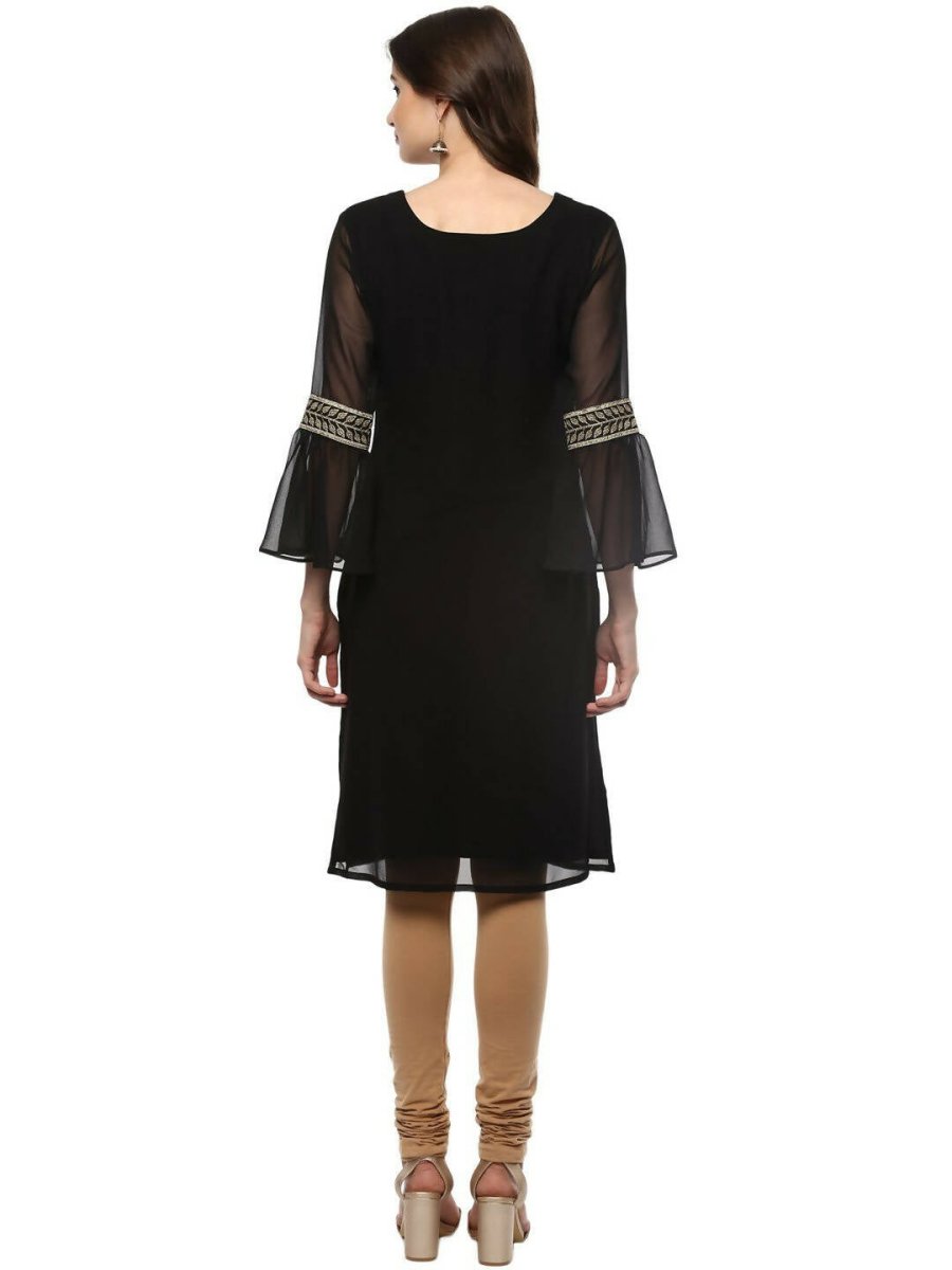 Ahalyaa Women's Black Georgette Glitter Print Kurta