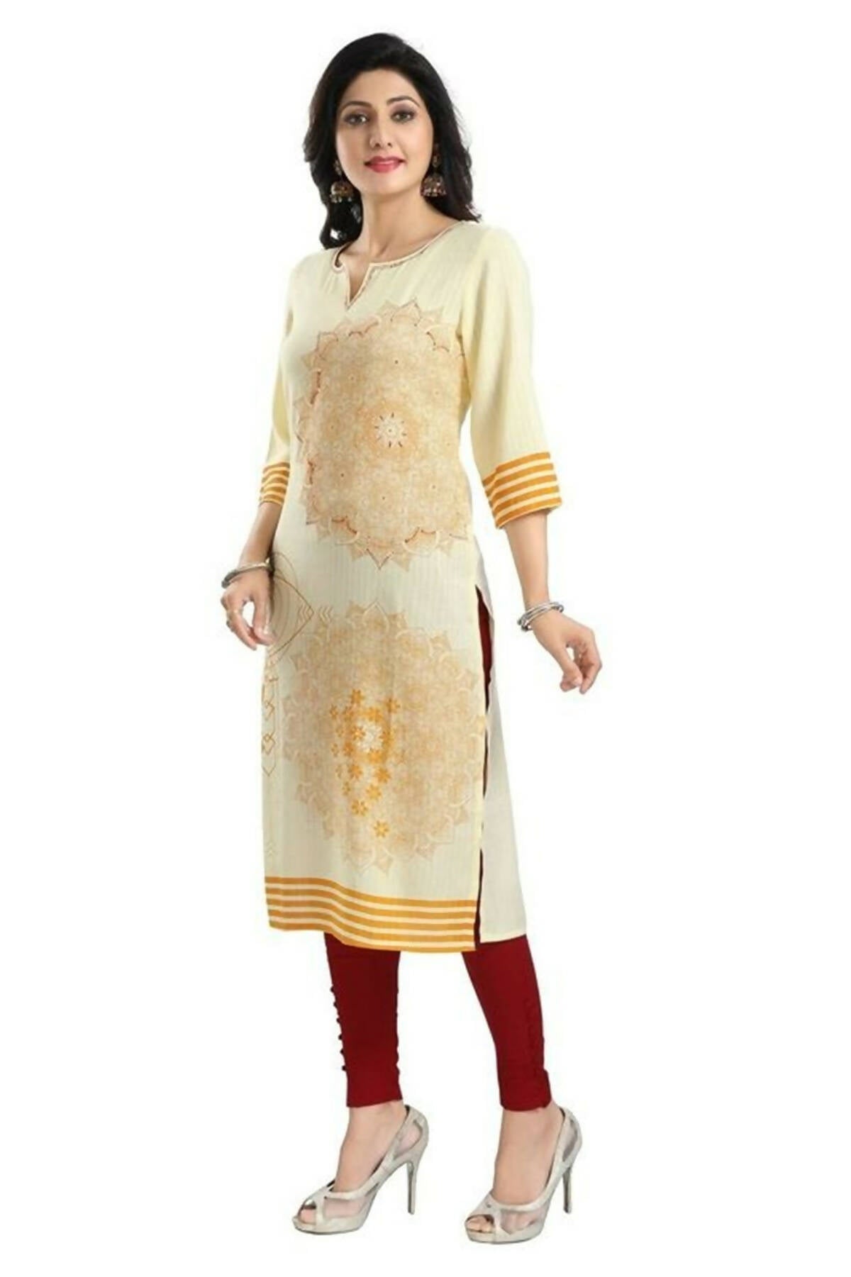 Snehal Creations Yellow Rayon Textured Print Long Kurta For Women