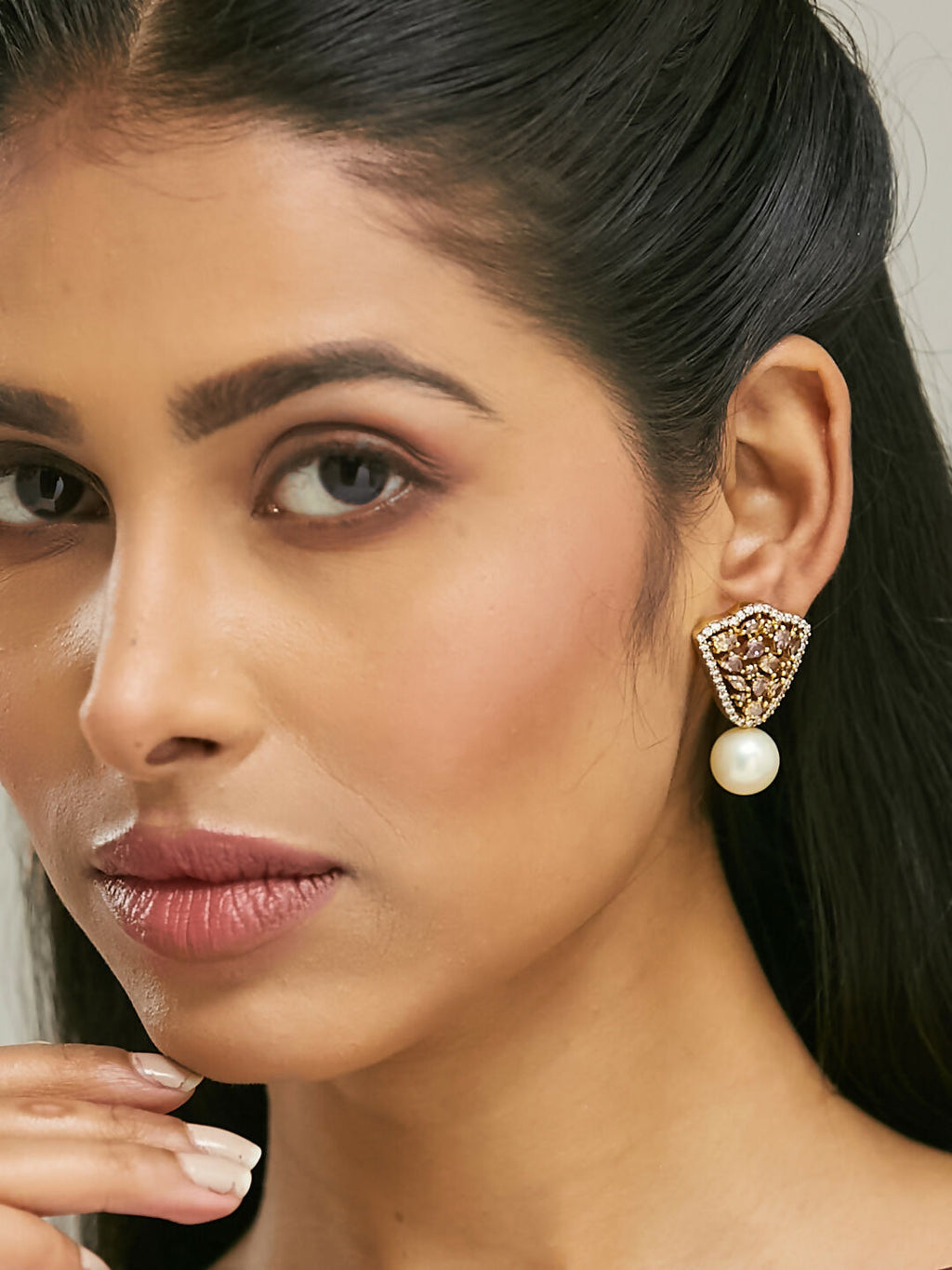 Nuyug 22K Gold-Plated Elegant Zircon Stone Studded & Pearls Drop Stud Earrings