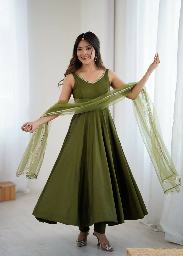 Teeya Creation Green Color Pure Roman Silk Mirror Lace Party Wear Gown