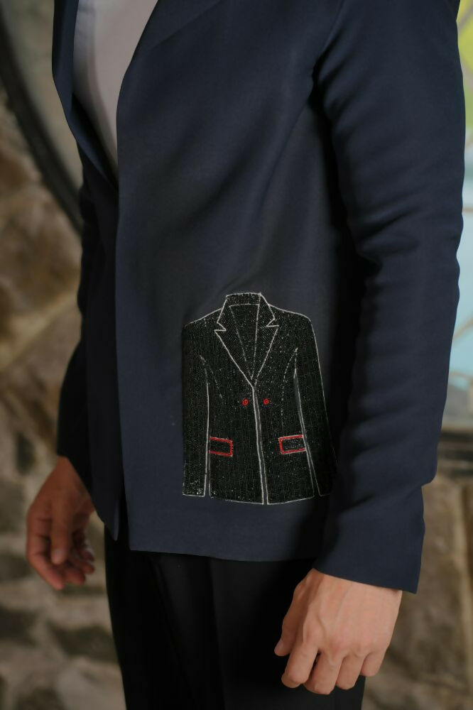 Noir Canvas Blazer – Black 4-Way Stretch Graphic Detail Suit For Men | Wedding & Party Wear by Hilo Design