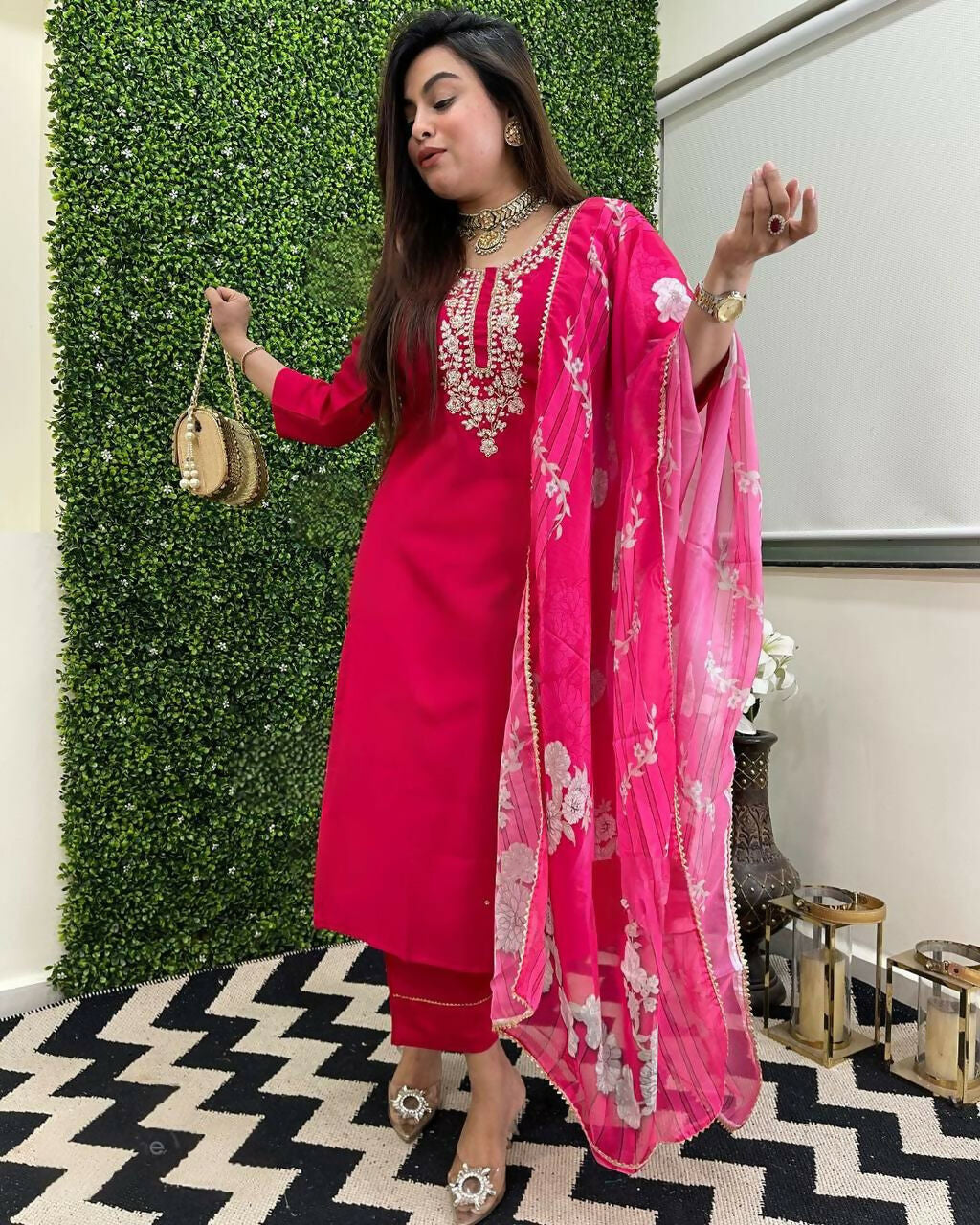 The52 Rani Women's Beautiful Viscose Chanderi Fabric Embroidered Work Straight Kurta Pant and Dupatta Set