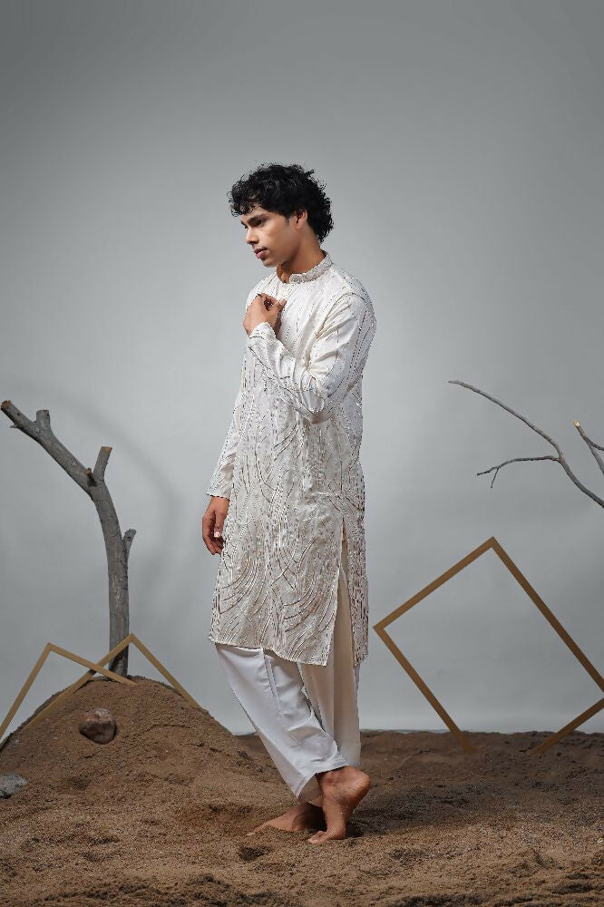 Off White Viscose Designer Embroidery Work Kurta Set - Mahotsav