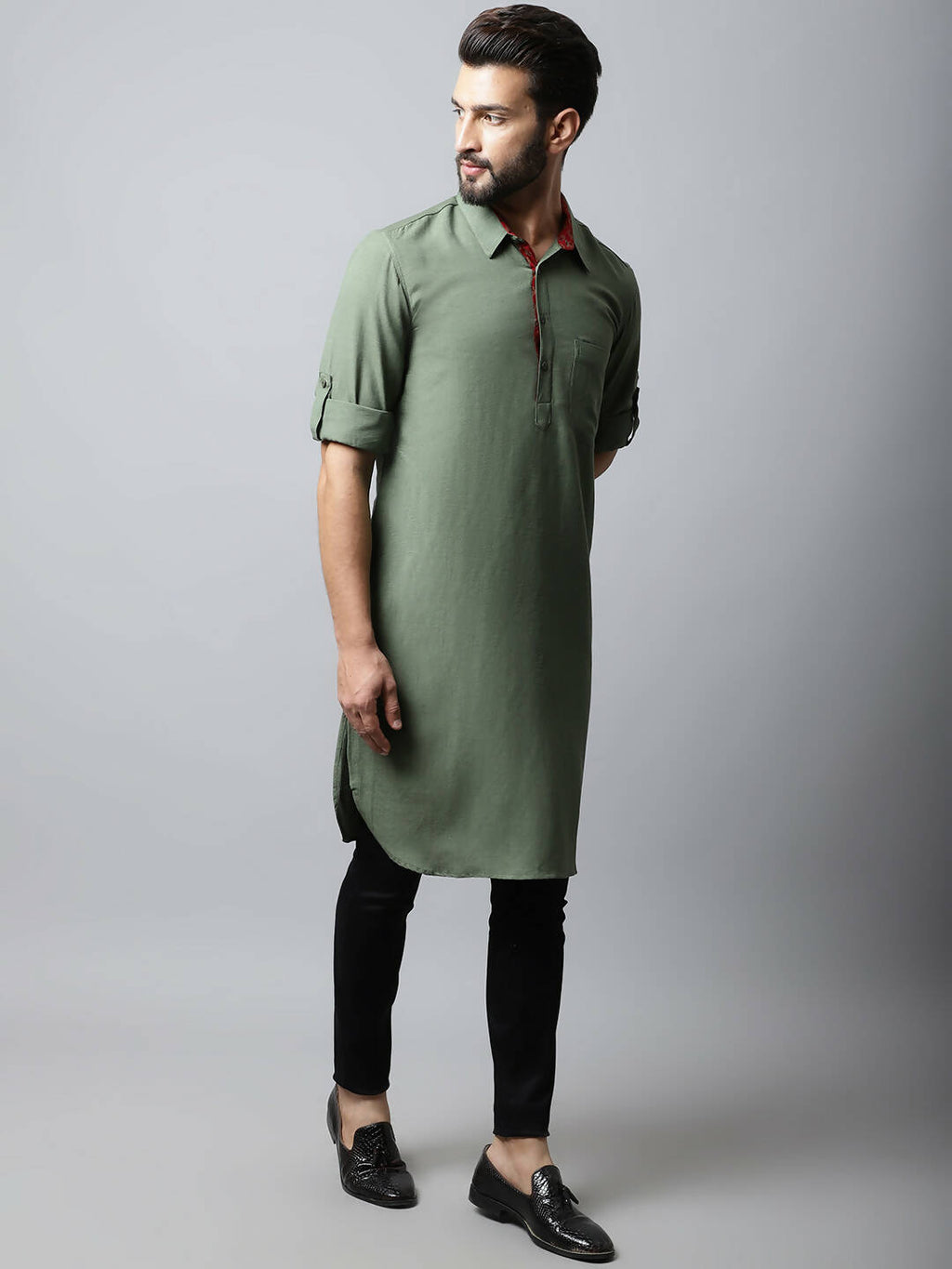 Even Apparels Green Color Linen Solid Men's Kurta With Shirt Collar (LN944)