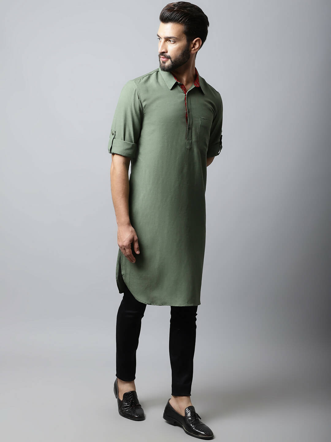 Even Apparels Green Color Linen Solid Men's Kurta With Shirt Collar (LN944)