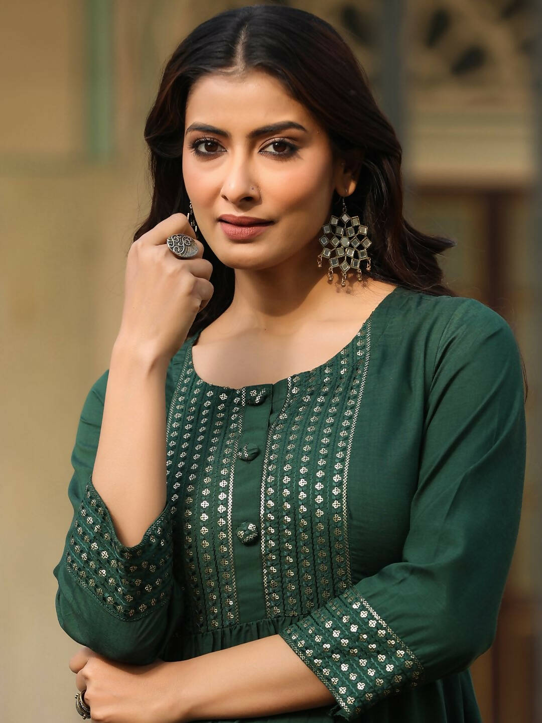 Juniper Women's Green Festive Embroiderd Flared Dress