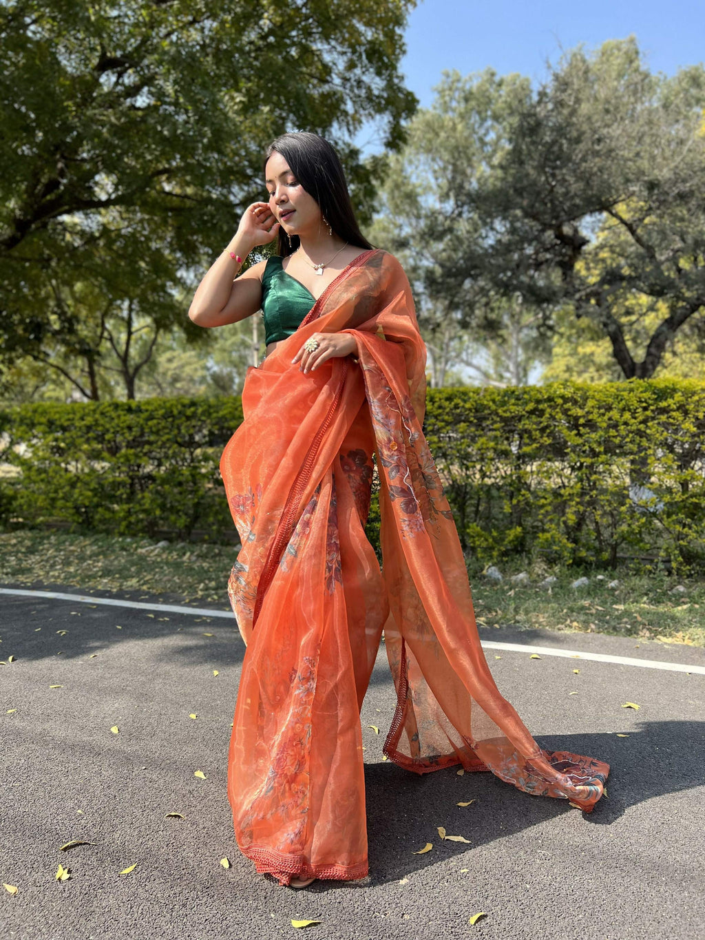 Vamsee Firozi Orange Organza Saree