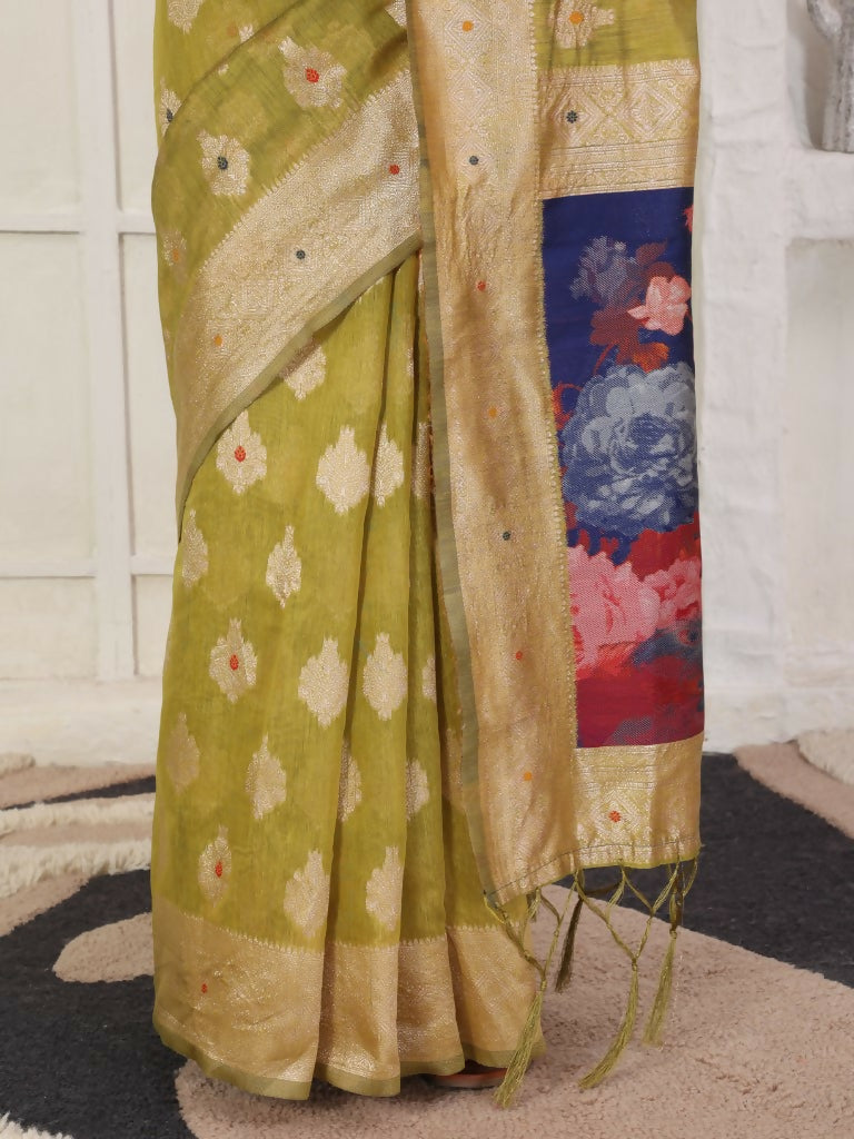 Shree Shyam Fashion Linen Cotton Mhendi Green Saree