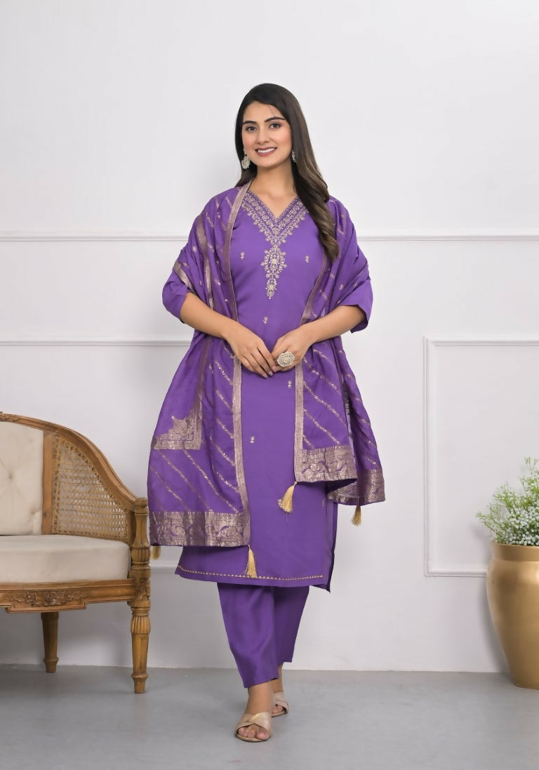 Purple Viscose Silk Embroidery with Thread and sequence Stitched Suit With Dupatta - Tanisha