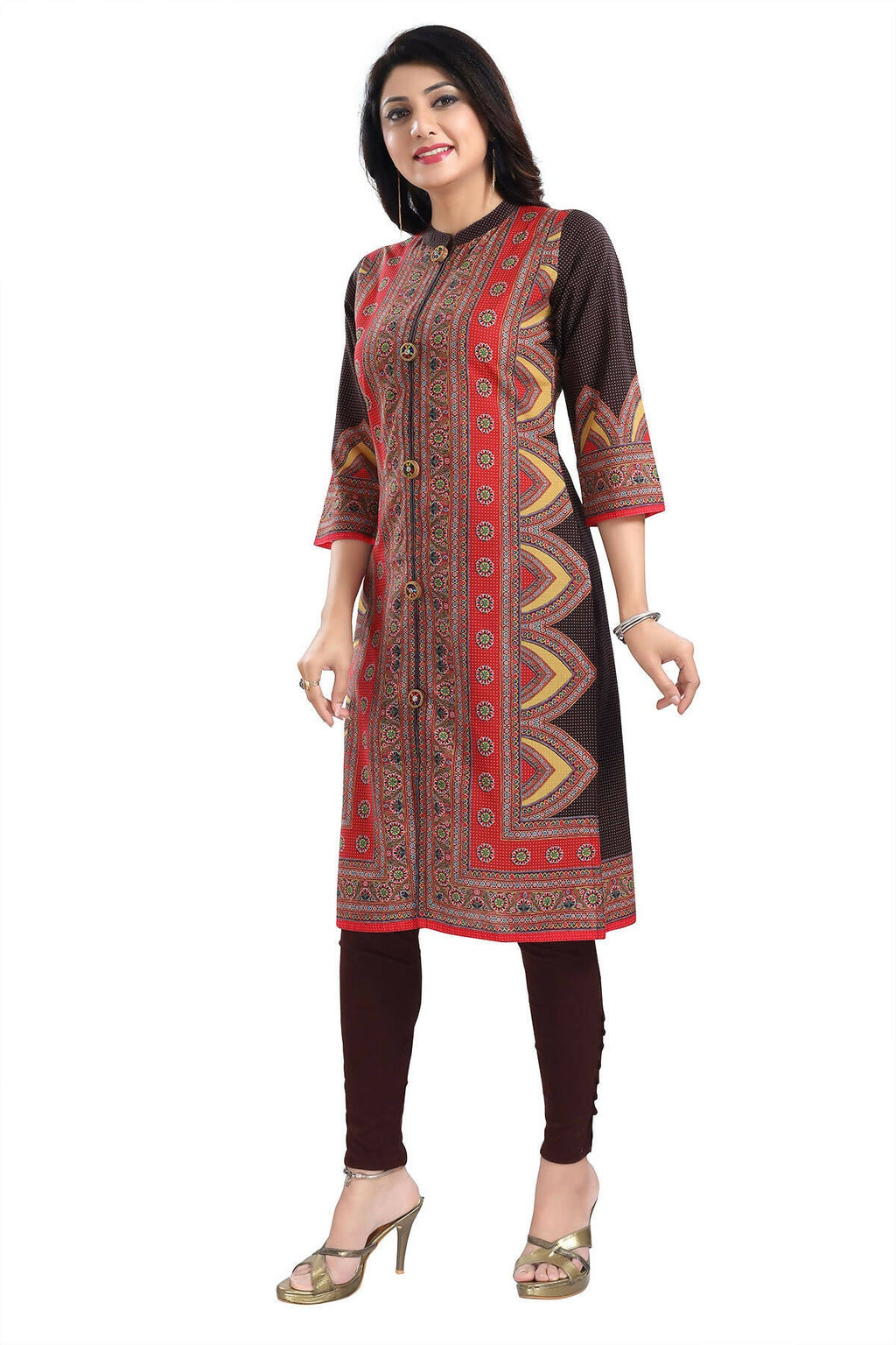 Snehal Creations Bombastic Brown Designer Digital Print Cotton Slub Fabric Long Kurti Tunic