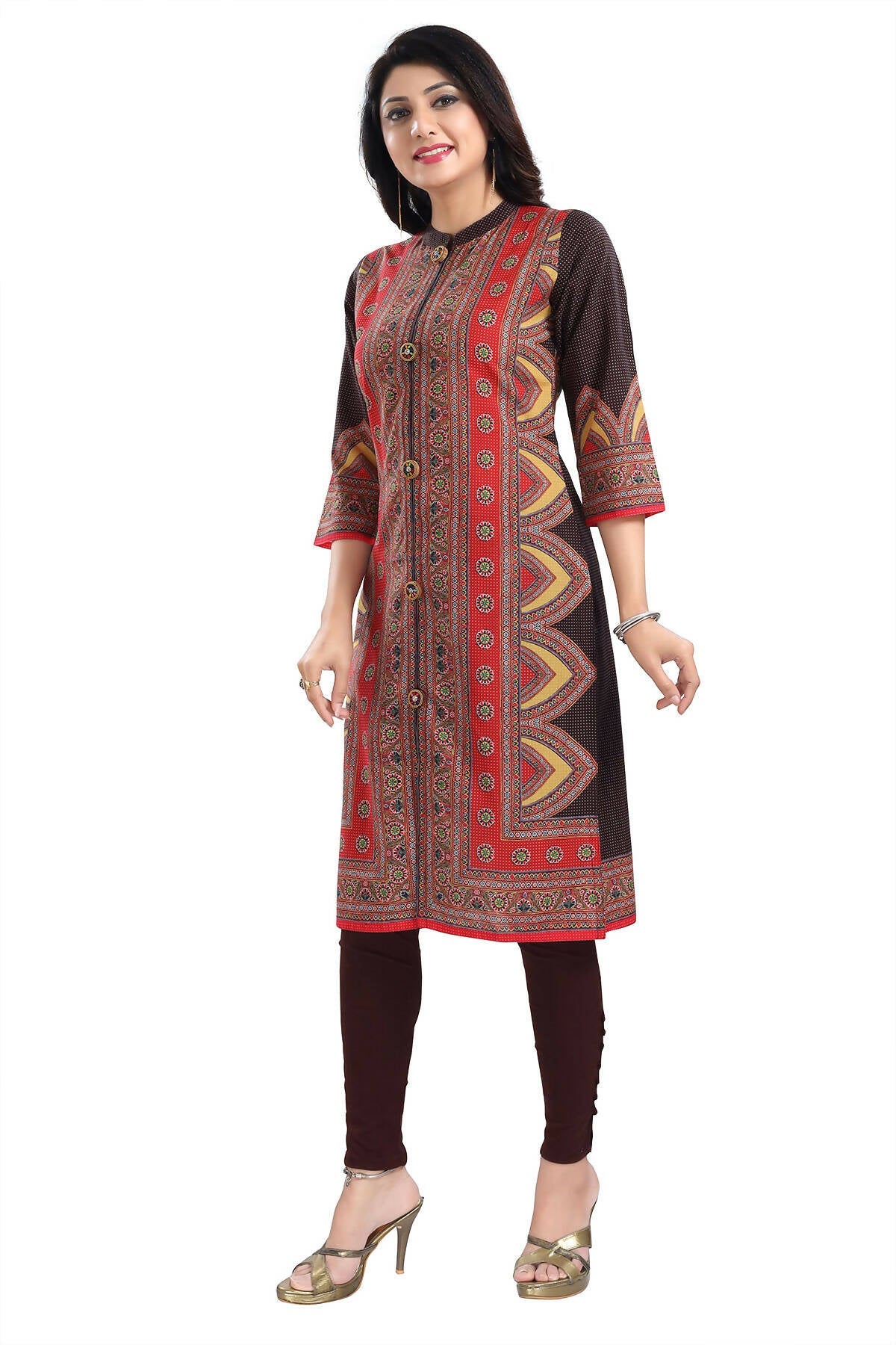 Snehal Creations Bombastic Brown Designer Digital Print Cotton Slub Fabric Long Kurti Tunic
