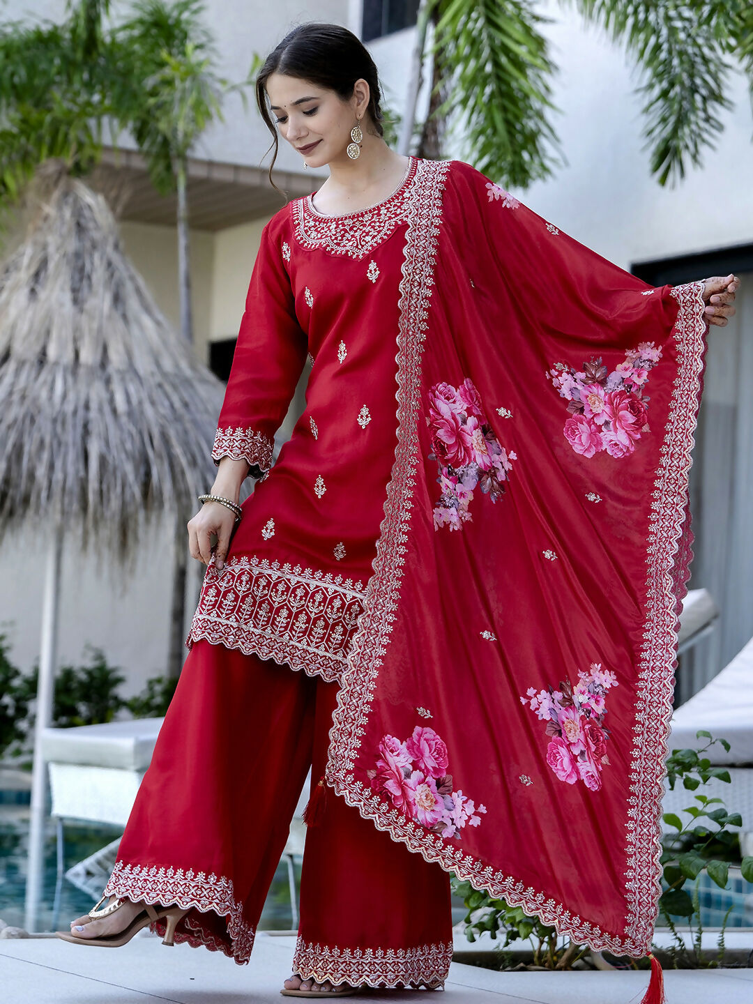 The52 Red Women's Gorgeous Embroidered Vichitra Silk Fabric Straight Kurta, Sharara and Dupatta Set