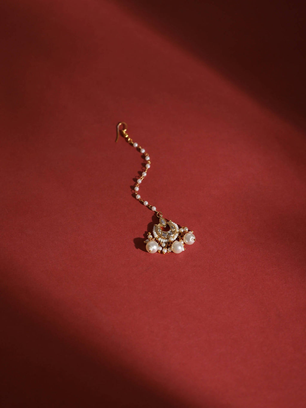 Gold-Polished White Kundan-Studded Beaded Layered Maang Tikka - Ruby Raang