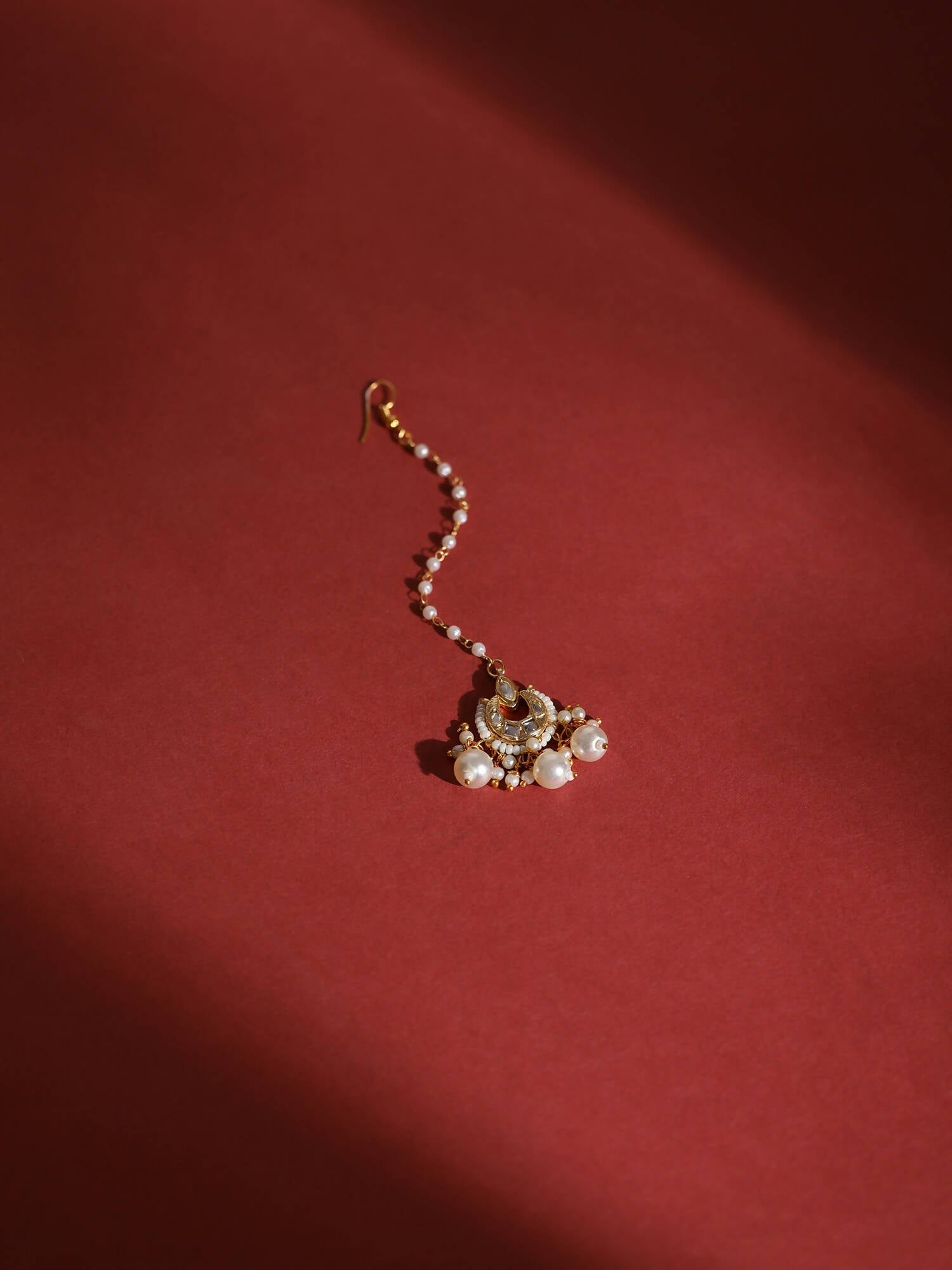 Gold-Polished White Kundan-Studded Beaded Layered Maang Tikka - Ruby Raang