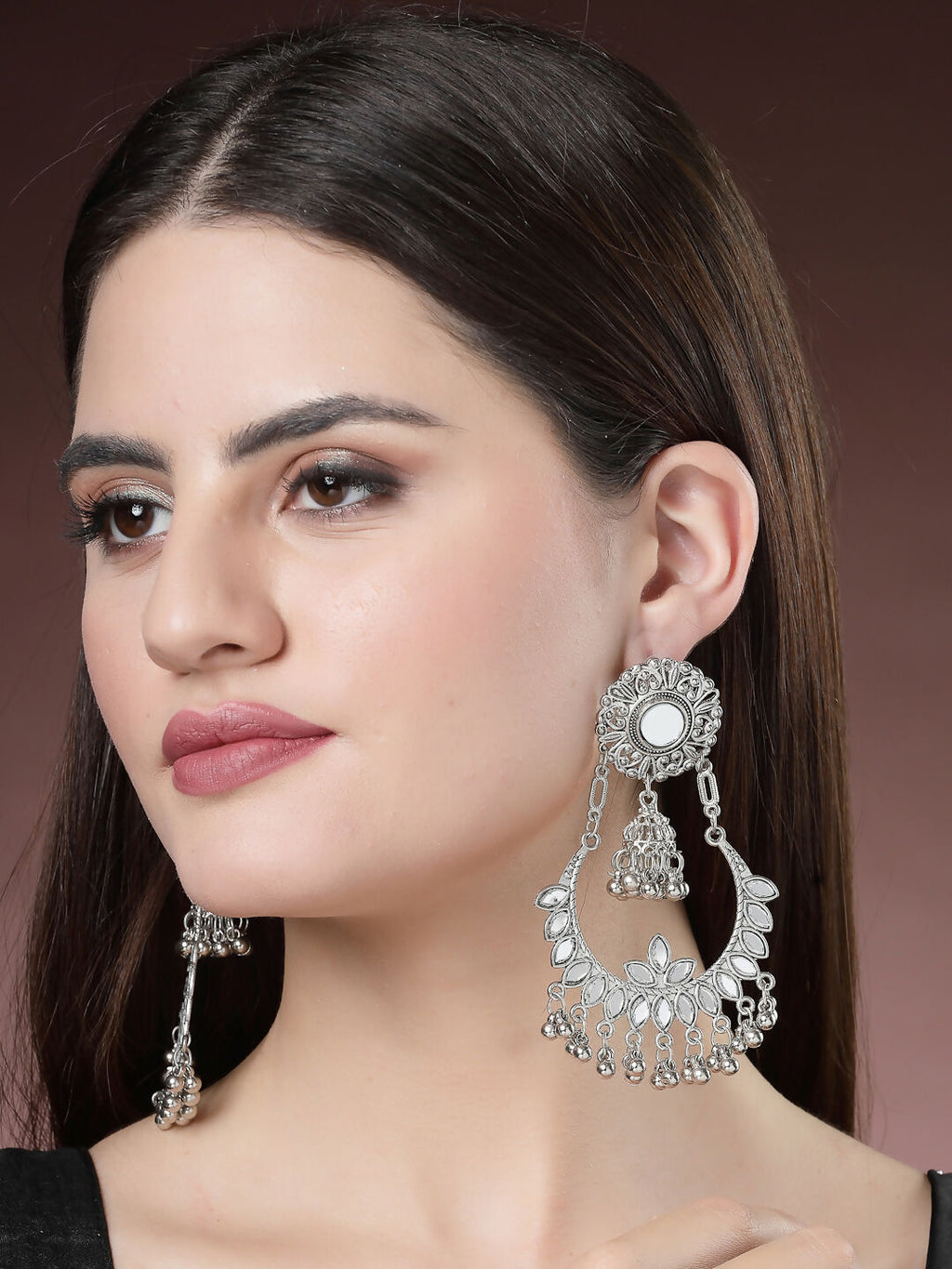 NVR Women's Silver-Plated Mirror Work Oxidised Chandbali Earrings