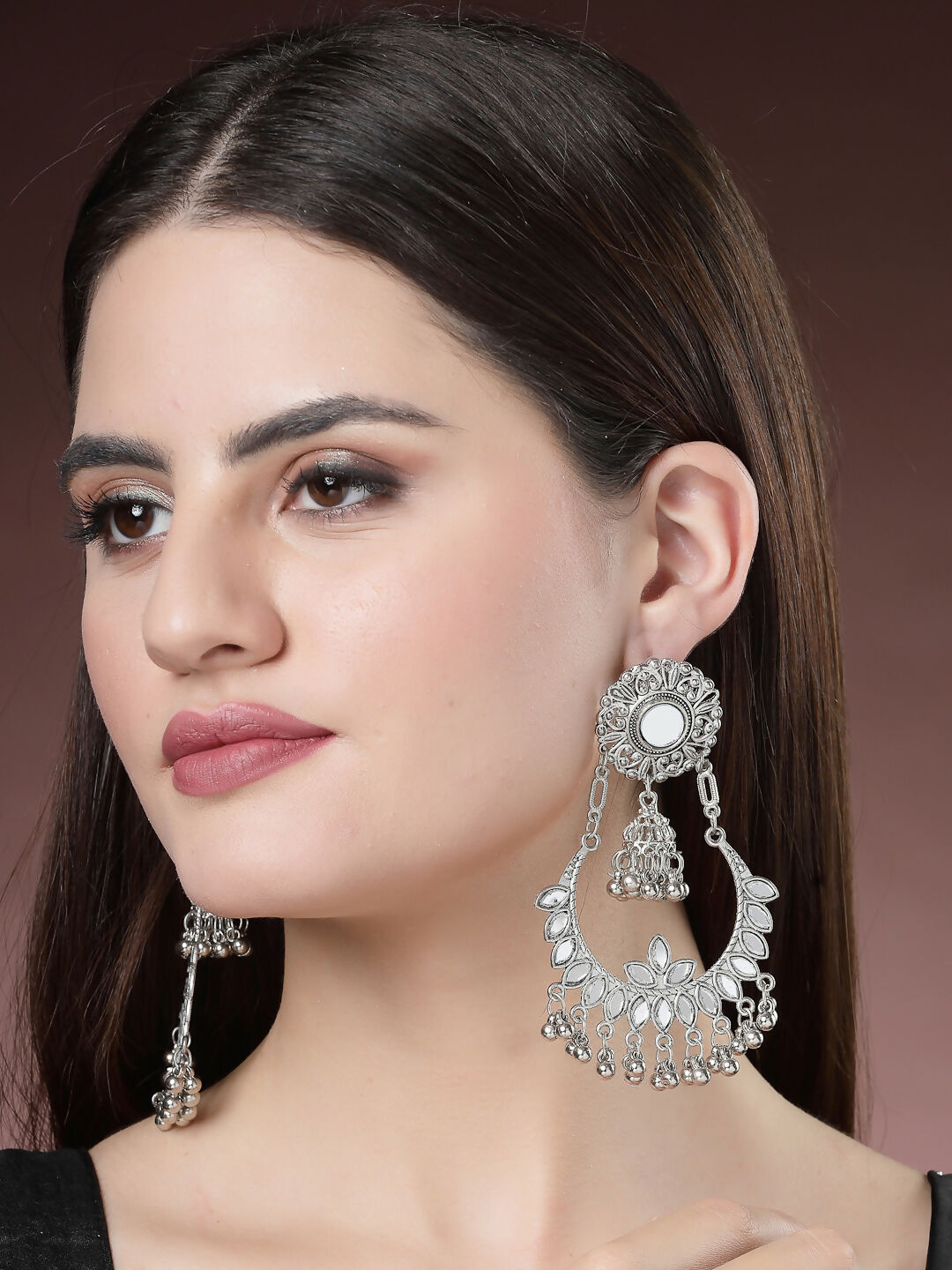 NVR Women's Silver-Plated Mirror Work Oxidised Chandbali Earrings
