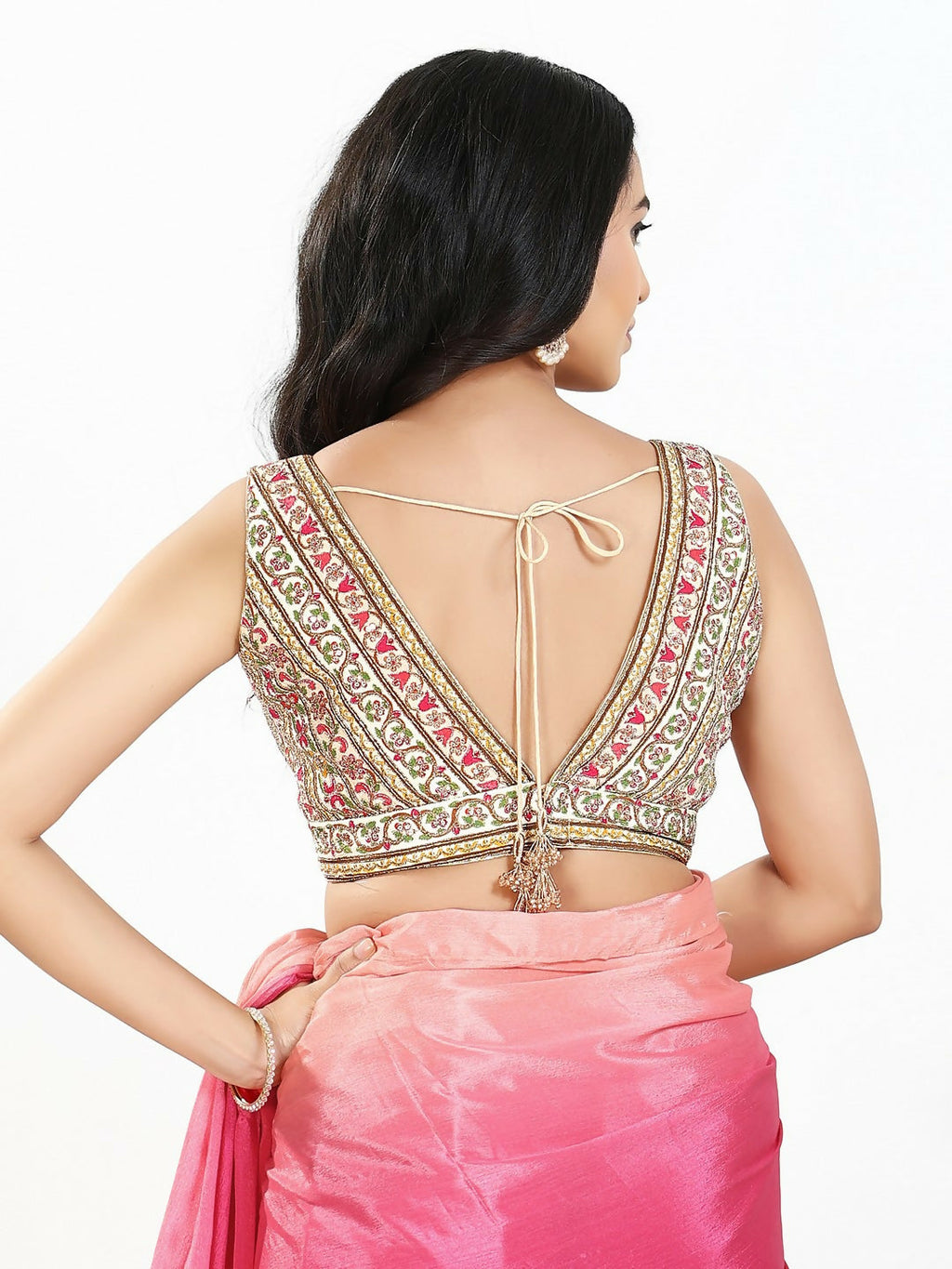 Joban Fashion Cream Multi Georgette Padded Blouse With V Neck Sleeveless