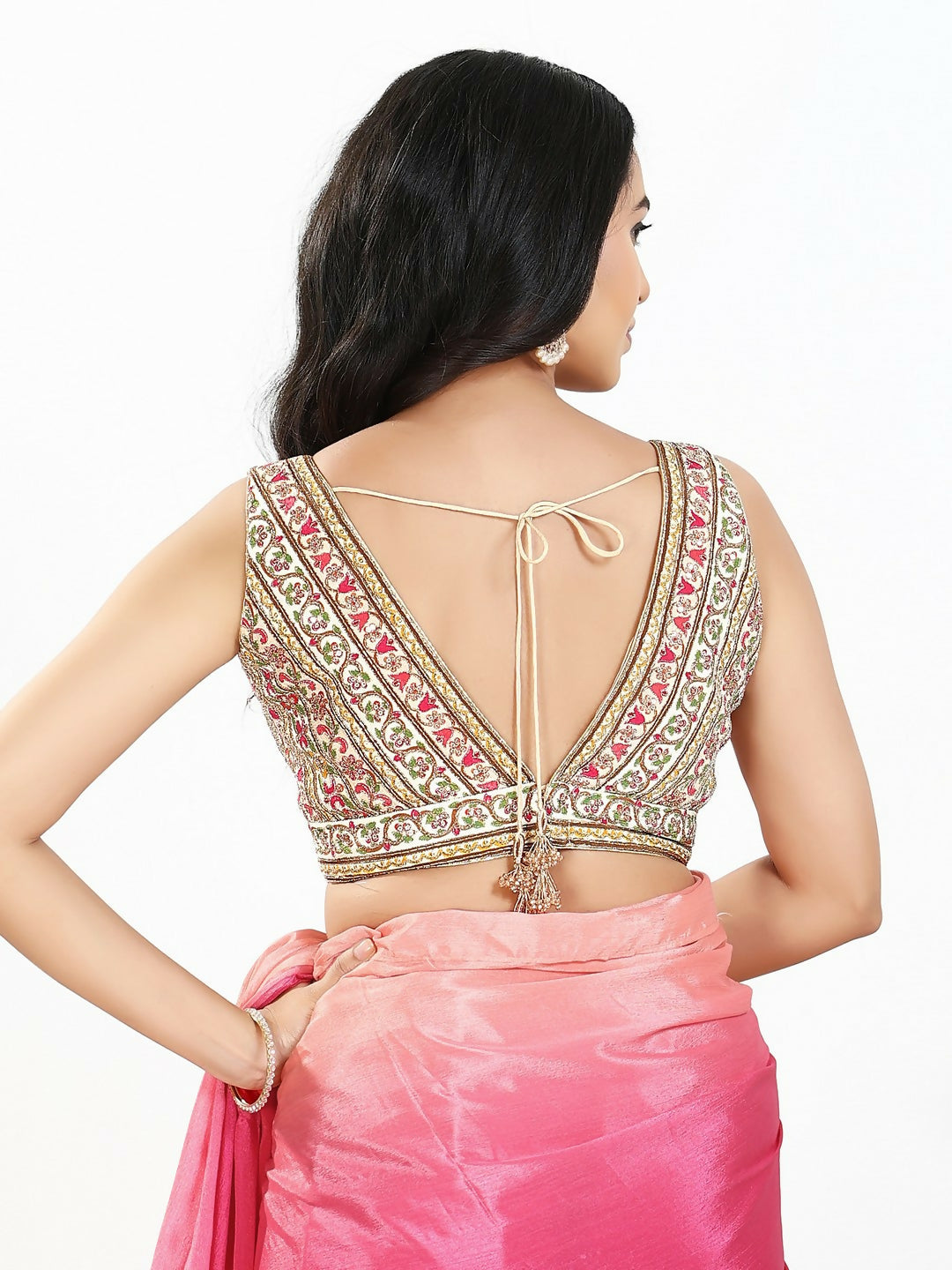 Joban Fashion Cream Multi Georgette Padded Blouse With V Neck Sleeveless