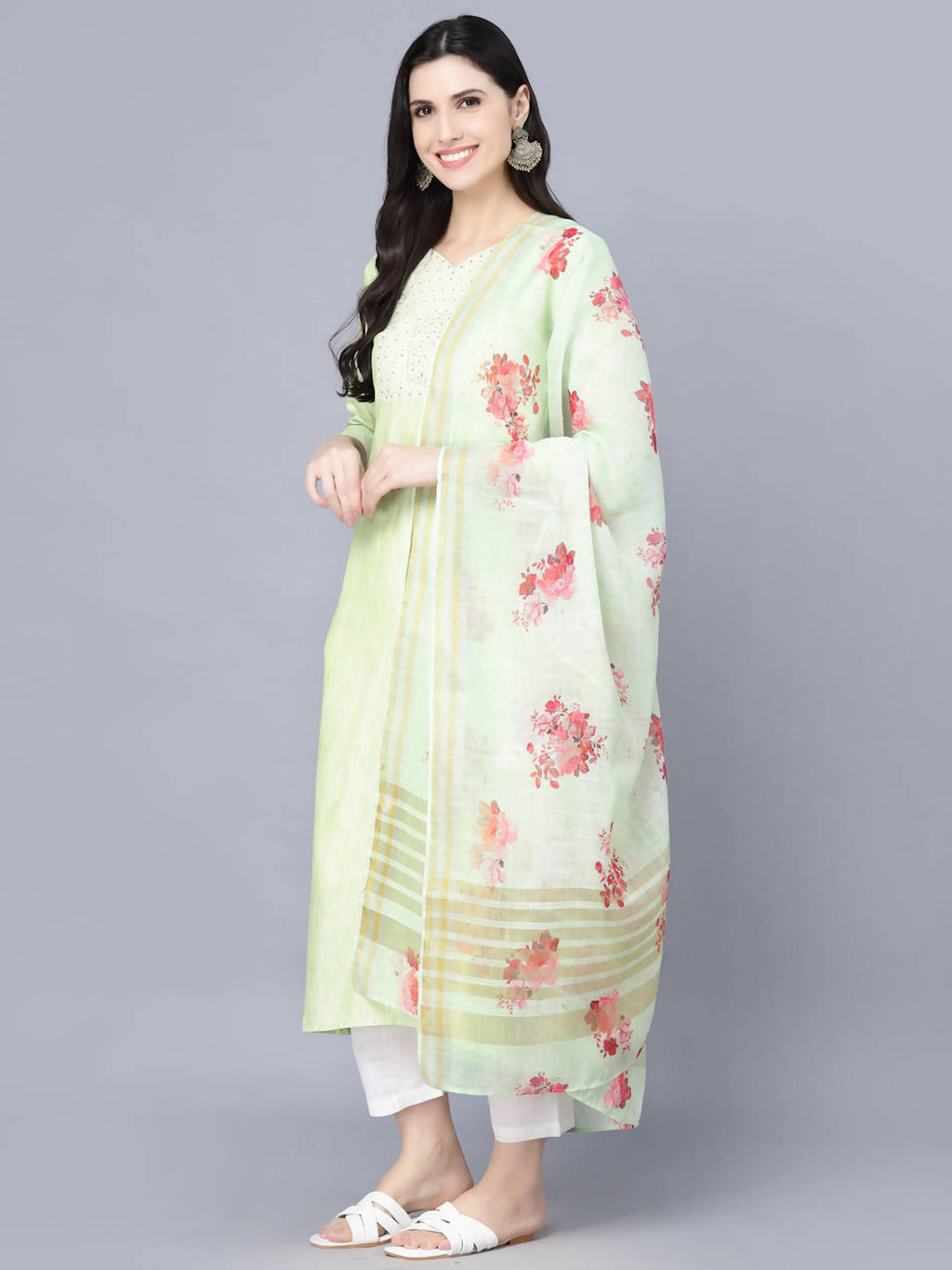 Myshka Women Lime Green Floral Printed Panelled Pure Cotton Kurti with Trousers With Dupatta