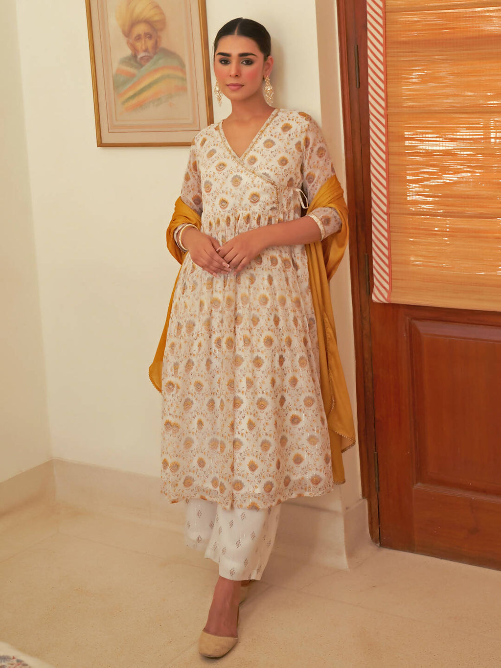 Janasya Women's White Chiffon Lurex Floral Printed Festive Flared Kurta Set