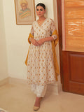 Janasya Women's White Chiffon Lurex Floral Printed Festive Flared Kurta Set