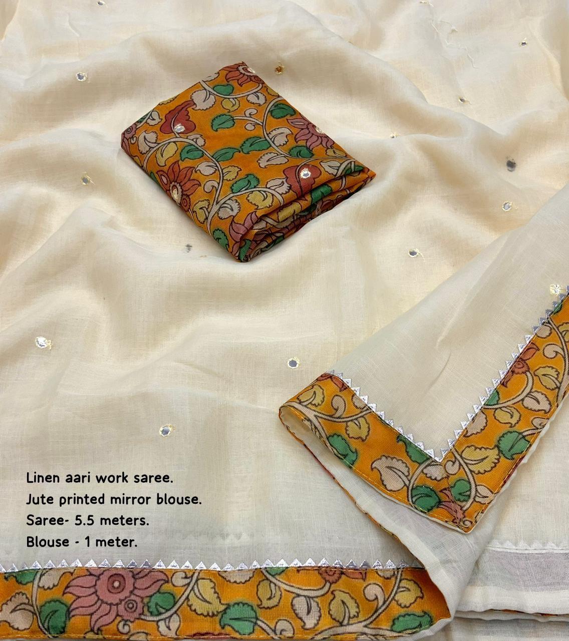 Yellow Pure Linen Ethnic Motifs Saree with Unstitched Blouse - Hiral Fashion