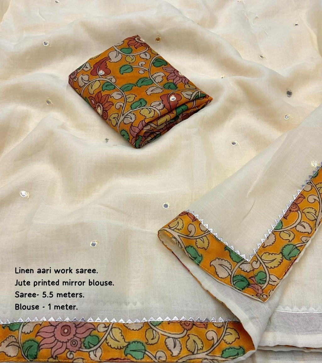 Yellow Pure Linen Ethnic Motifs Saree with Unstitched Blouse - A2M